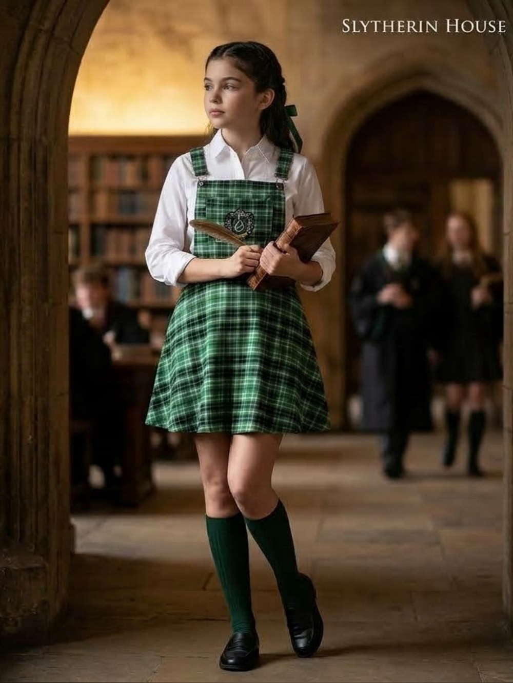 Harry Potter Slytherin Plaid Pinafore Dress Green Black Suspender Skater Large
